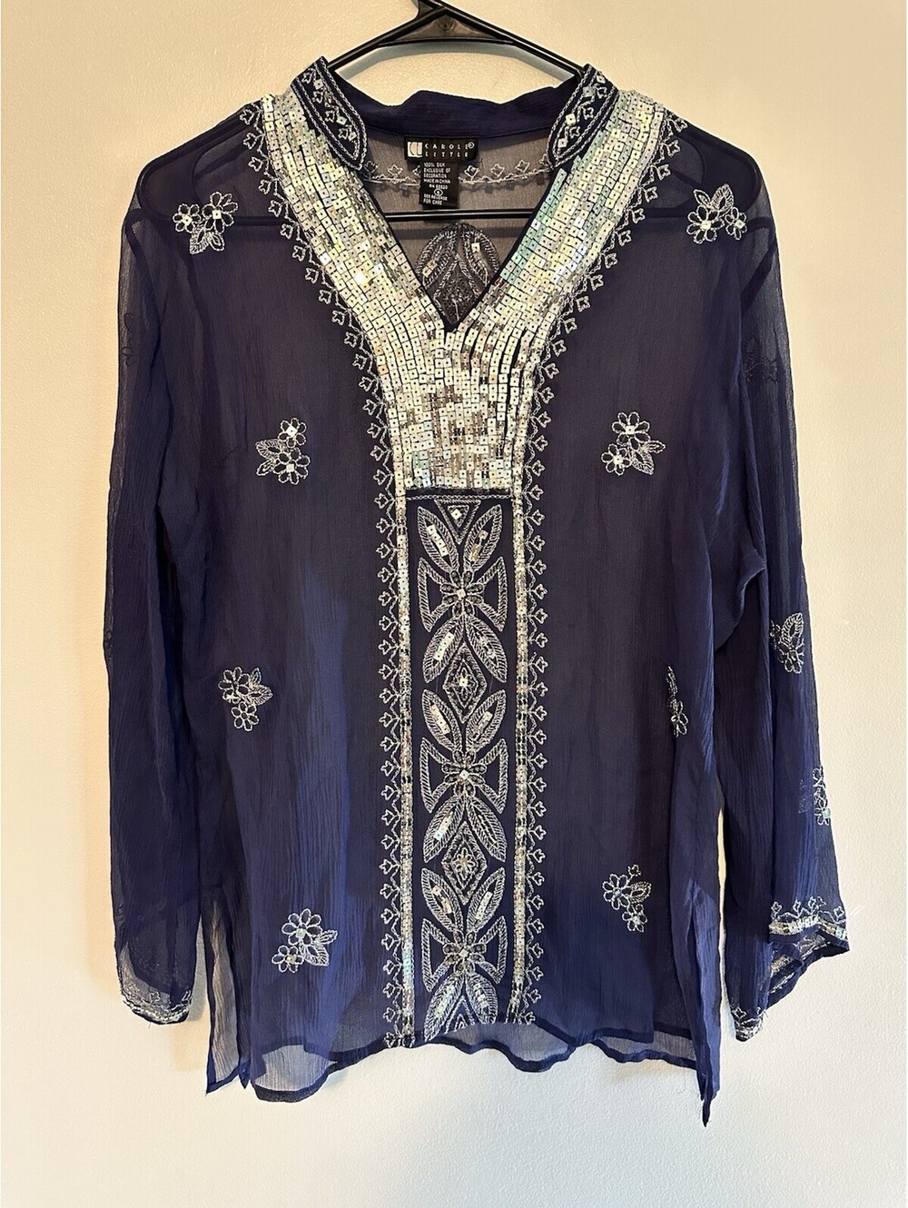 Vintage Carole Little Silk Shirt Womens Small S Blue Sheer 90s VTG Y2K Style